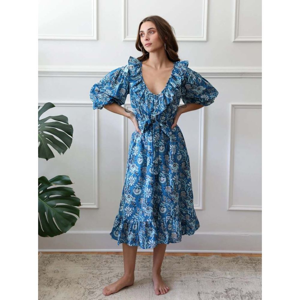Mille Resort & Travel June Dress French Blue Womens XS Midi Floral Ruffle‎ Boho